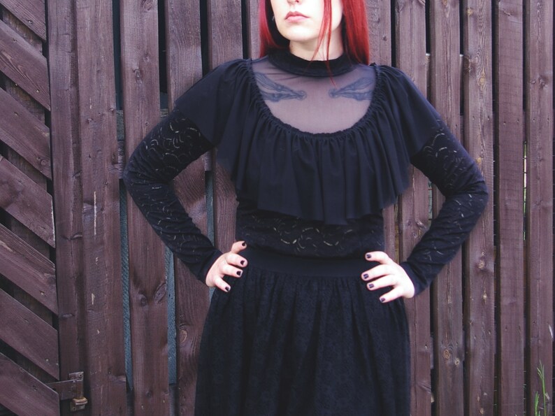 Black Lace Victorian Ruffle Longsleeves Blouse Gothic Victorian Lace Ruffle Turtleneck Blouse Black Gothic Longsleeves Lace Victorian Top