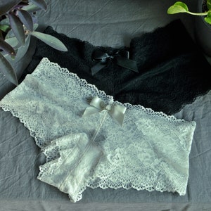 Boyshort Panties in Black Stretch Lace, Available Crotchless All Access  Panty 
