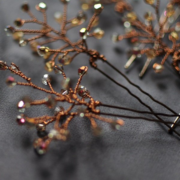 Champagne tone clear beads copper wire hairpin set