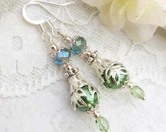 Sage green pearl and crystal vintage style bridal earrings, Victorian style green silver bridesmaids earrings, Garden spring summer wedding