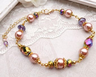Rose Bracelet Dusty Pink Rose Pearl Bracelet Floral Bridal