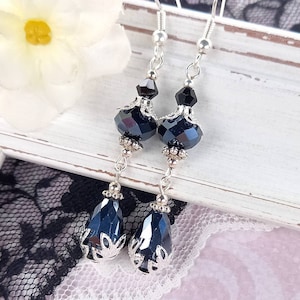 Black boho style crystal earrings, long black wedding jewellery, Gothic Victorian style bridal earrings, black vintage style earrings