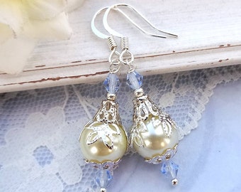 White and blue pearl earrings, Vintage style white wedding jewellery,  bridesmaid gift, something blue, Art deco bridal earrings