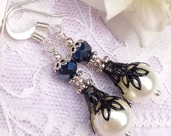 Black and white Victorian style wedding earrings, vintage style black lace effect earrings, Black and white bridal dress jewellery