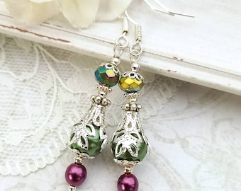 Dark green silver vintage style earrings, Green themed fairygarden woodland wedding, autumn fall winter green aubergine boho earrings