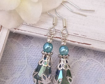 Light green crystal boho earrings, Turquoise crystal teardrop Victorian style dangles, Downton Abbey style earrings