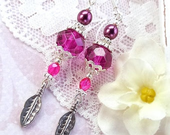 Pink boho earrings, feather charm earrings, Pink summer jewellery, long fuchsia pink earrings, pink summer earrings, magenta crystal earring