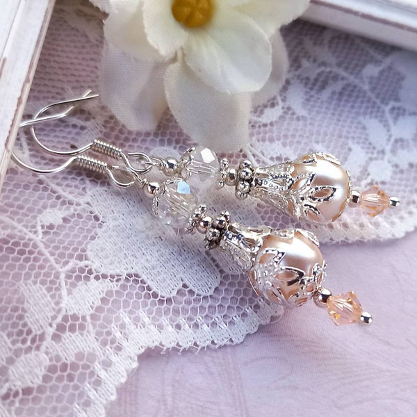 Blush pink vintage style pearl wedding earrings, silver filigree bridal earring,  Victorian pale pink bridal jewellery, light pink pearls