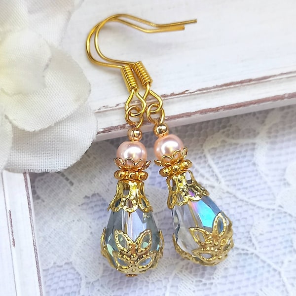 Light blue pink earrings, light blue Victorian style earrings, Downton Abbey style earrings, blue pink gold earrings, blue filigree earrings