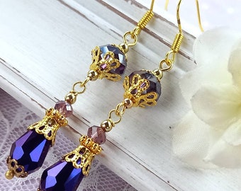 Long purple crystal earrings, Purple boho earrings, Violet boho wedding, Autumn fall winter wedding, Long Victorian style earring purple