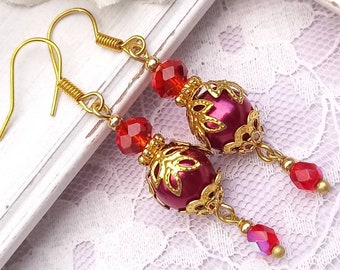 Ruby red pearl earrings, Romantic red wedding, red bridal jewellery, vintage style red earrings, redboho earrings, red wedding theme