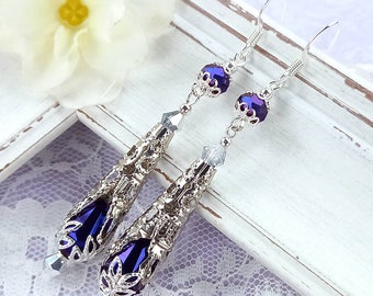 Long antique style filigree purple crystal drop earring, Purple boho vintage style earring, Long old style purple Victorian style earring