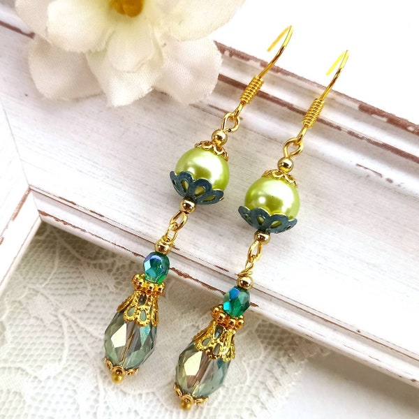 Long light green floral crystal and pearl earrings, Green woodland wedding, Enchanted spring summer garden wedding, green wedding jewellery