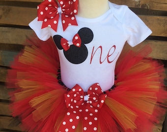 Minnie Mouse Birthday Tutu Outfit Dress Set Handmade Black Red and Gold - ANY Age - Quick Ship