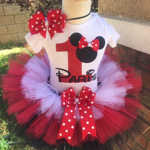 Minnie Mouse Birthday Tutu Outfit Dress Set Handmade Red Black and White - ANY Age - QUICK SHIP