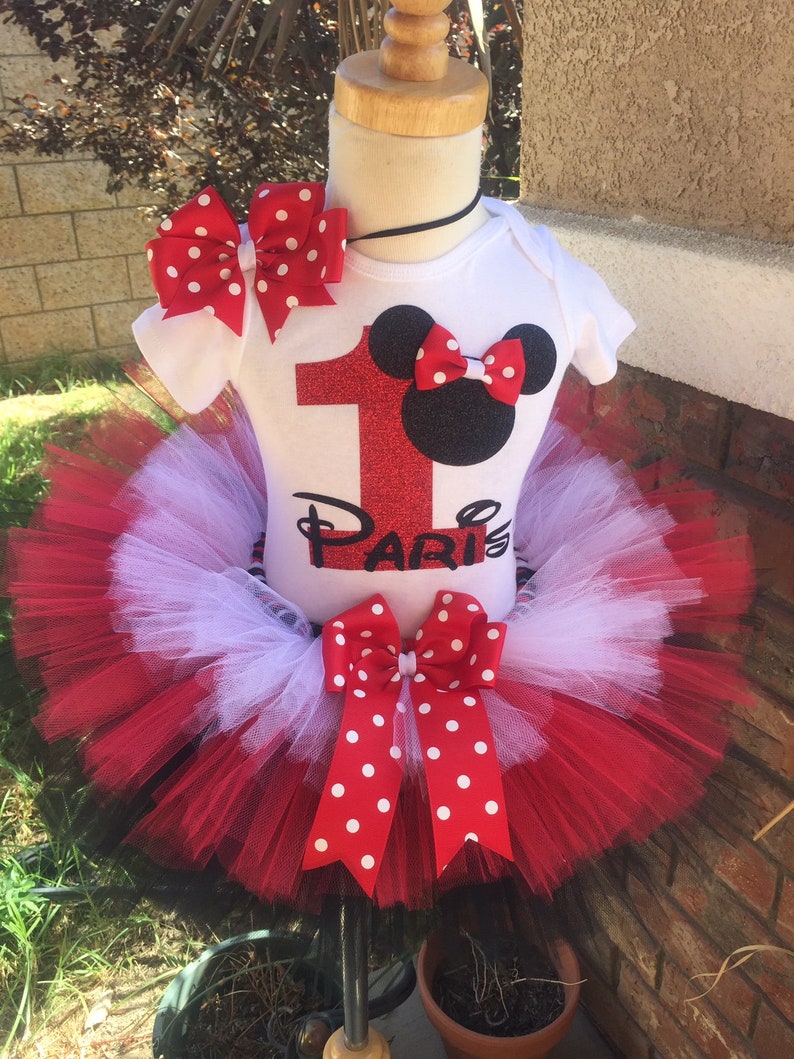 Minnie Mouse Birthday Tutu Outfit Dress Set Handmade Red Black and White ANY Age QUICK SHIP image 1