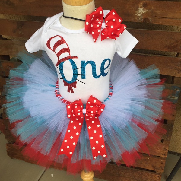 Cat in the Hat Inspired Birthday Outfit Tutu Dress Set Handmade - 1st First Birthday - Quick Ship
