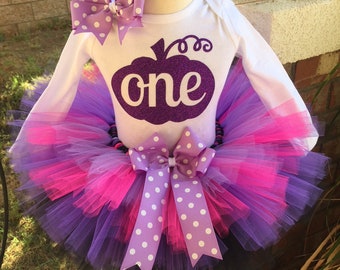 Pumpkin Halloween Fall Autumn Birthday Tutu Outfit Dress Set Handmade, Our Little Pumpkin 1st 2nd 3rd Any Age QUICK SHIP Black Purple Pink