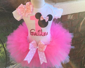 Minnie Mouse Birthday Tutu Outfit Dress Set Handmade in Pink and White - ANY Age - QUICK SHIP