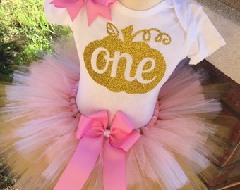 Pumpkin Fall Autumn Halloween Birthday Tutu Outfit Dress Set Handmade, Our Little Pumpkin 1st 2nd Any Age QUICK SHIP Baby Light Pink Gold