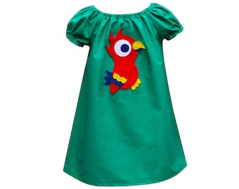 Girls Parrot Peasant Dress, Girls Cotton Dress, Girls Parrot Dress, Girl, Parrot, Bird, Tropical, Peasant, Summer, Dress, Peasant, Dress