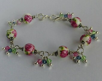 Roses Wire Wrapped Bracelet with Swarovski Crystal multicolour dangles