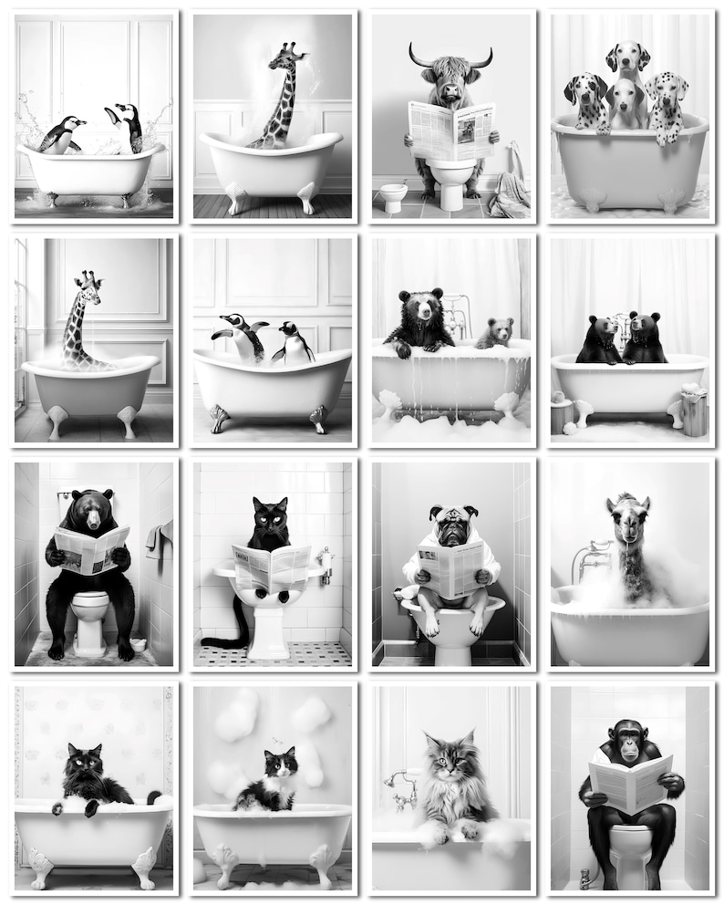 Set of 80 Bathroom Animals Wall Art Bathroom Prints Bathroom Etsy