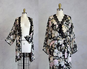 vintage 1990s semi-sheer dark floral robe | 90s vintage belted kimono robe | 1920s style chiffon boudoir cover-up