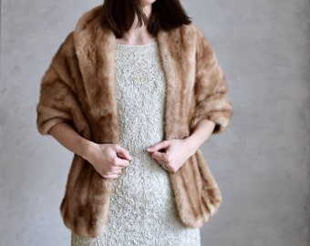 vintage light brown mink shawl | real fur stole | fur wedding wrap | vintage 60s pastel mink fur cape  | mink fur bridal coverup