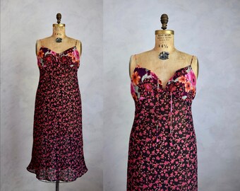 vintage 1990s dark floral print nightie |  90s y2k slip dress negligee | semi-sheer chiffon slipdress nightgown