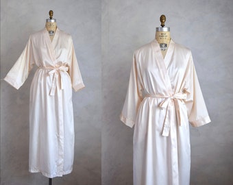 vintage 1990s blush satin belted robe | 80s 90s vintage pale pink kimono robe | satin bridal robe coverup