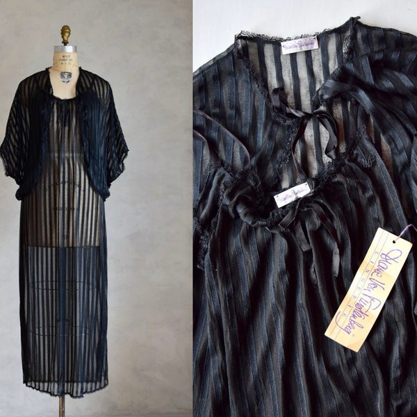 vintage NOS Diane Von Furstenberg peignoir set | vintage 1980s DVF nightgown and robe set | sheer black negligee and robe