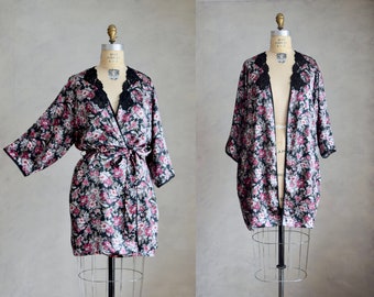 vintage floral satin robe | vintage 1990s Linda kimono robe | dark floral belted 1920s style boudoir cover-up