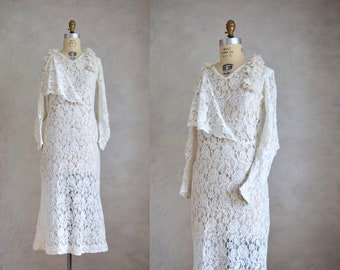 vintage 1920s lace wedding gown | vintage 20s 30s wedding dress | net lace wedding dress | flapper wedding gown