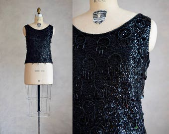 vintage black sequin blouse | vintage 1960s knit sequin tank | 60s black knit beaded tank | vintage black embellished blouse