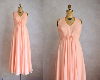 vintage 1970s bohemian dress | vintage lace and chiffon party dress | peach boho party gown