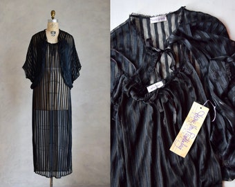 vintage NOS Diane Von Furstenberg peignoir set | vintage 1980s DVF nightgown and robe set | sheer black negligee and robe