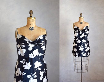 vintage 90s slip dress negligee | 90s black floral print bias cut slip dress | mini nightgown | vintage black slip dress nightie