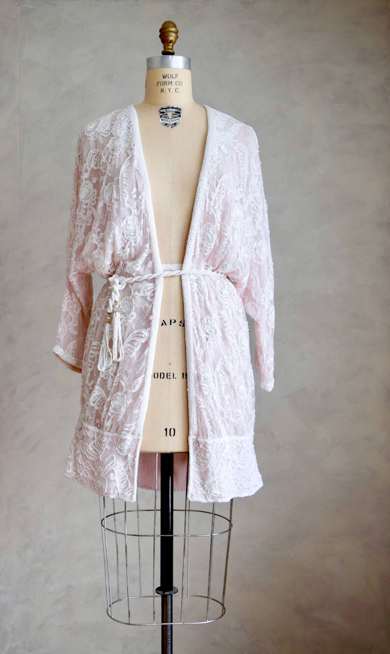 vintage embellished cardigan duster boho beaded bridal coverup vintage pale pink beaded cocoon coat 80s does 1920s flapper jacket
