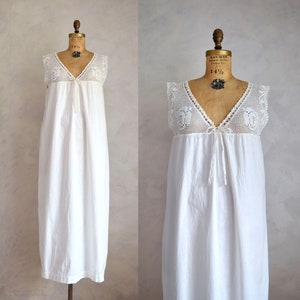 antique cotton nightgown | edwardian cotton and crochet lace nightdress | white cotton chemise | antique white cotton summer dress