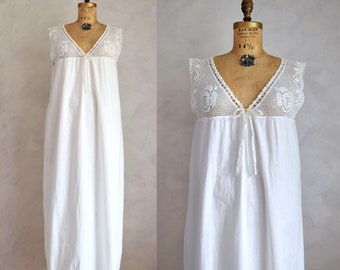 antique cotton nightgown | edwardian cotton and crochet lace nightdress | white cotton chemise | antique white cotton summer dress