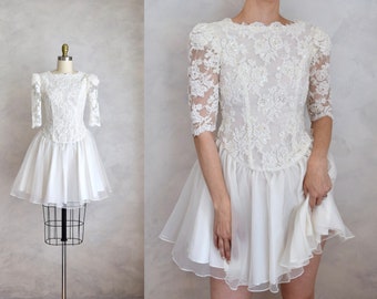 vintage 1980s white chiffon lace and sequin party dress | vintage short skirt reception dress | white bachelorette dress
