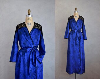 vintage 1980s blue satin robe with black lace detailing | vintage 80s boudoir wrapper | 70s 80s floor length robe with sheer lace shoulders