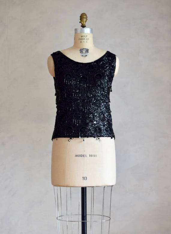 vintage black sequin blouse | vintage 1960s knit … - image 5