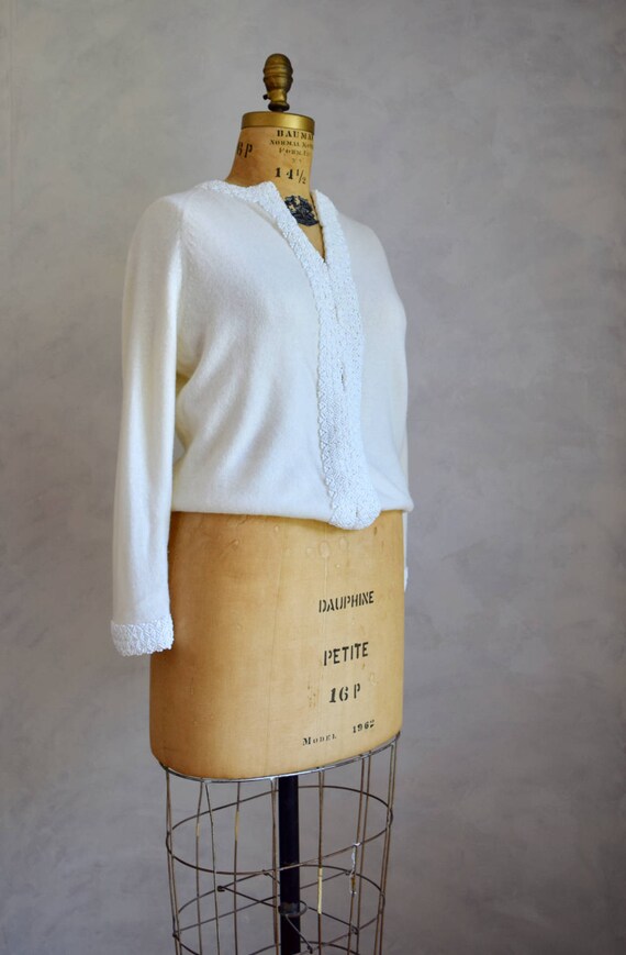 vintage cream white beaded cardigan | 1960s embel… - image 2