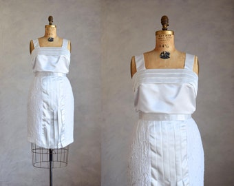 vintage white fitted party dress | 1980s white satin top and pencil skirt set |  engagement party or bridal shower outfit