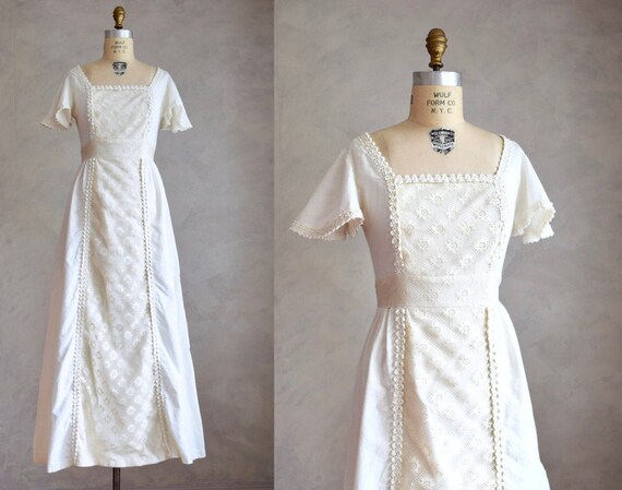 vintage 1970s cream maxi dress | bohemian cotton a