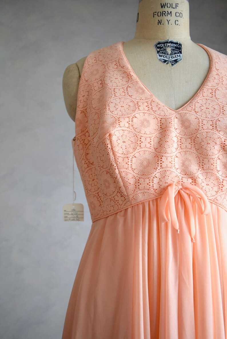 vintage lace and chiffon party dress peach bohemian gown vintage NOS 1970s maxi dress
