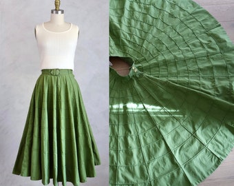 vintage 1950s moss green circle skirt | 50s vintage full sweep quilted cotton skirt with belt by Gale and Gale