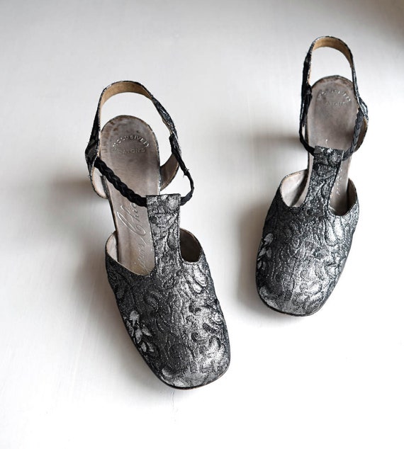 vintage 1960s black and silver brocade heels | bra